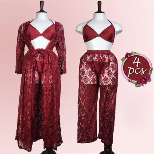 Maroon Embossed Net Nightwear Set