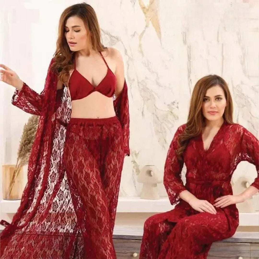 Maroon Embossed Net Nightwear Set